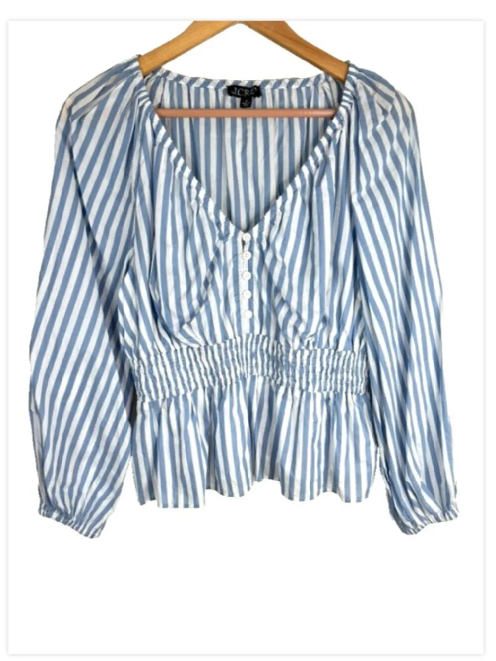 J Crew V Neck Smocked Waist Top M Stripe Long Sleeve Blue Peplum Coastal Preppy